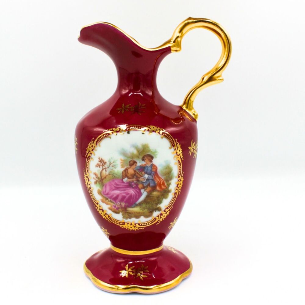 Vintage Limoges Porcelain Vase Ewer Pitcher Red Wine Burgundy Rococo Style Decor